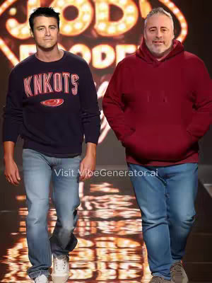 The cover image shows two men in what appears to be a fashion show setting. The man on the left wears a dark blue sweatshirt with the letters 'KNKOTS' and a red emblem on it, paired with light blue jeans and white sneakers. He is fair-skinned with short dark hair. The man on the right is fair-skinned and has gray hair, a red hoodie, light blue jeans, and is wearing gray sneakers. They appear to be walking down a runway with a golden background.