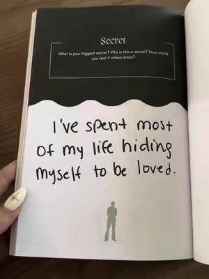 An open book page displaying handwritten text expressing personal vulnerability alongside additional text and a small illustration.