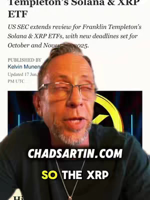 The cover image shows a man in glasses speaking to the camera, with a news article about XRP ETFs in the background and a branded overlay at the bottom.