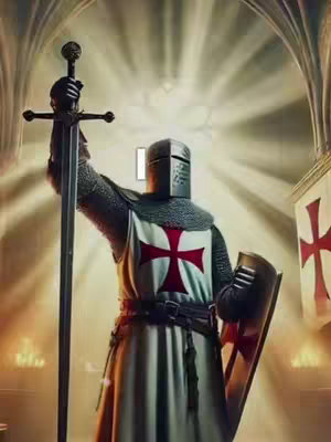 A digitally rendered image of a knight in full metal armor, holding a sword aloft. The knight is positioned slightly off-center in front of a soft-focus, cathedral-like background with radiant light beams. The knight's armor includes a helmet, chainmail and a white surcoat featuring a large red cross on the chest. The knight also holds a shield on the left arm, and a sword raised above his head. The background is a representation of a church interior, with pillars and light shining in the center. The overall tones are warm, with a focus on light and shadow.