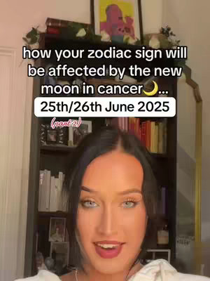 A woman with dark hair and fair skin is the primary focus, smiling directly at the camera. Overlayed on the image is white text. The background includes a cluttered bookshelf, a framed picture, and some plants.