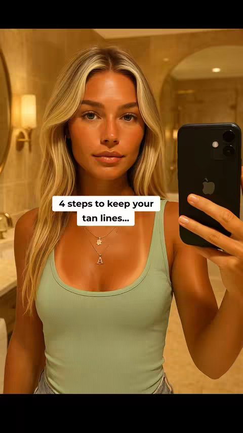 The cover image shows a young woman in a bathroom, taking a selfie. She is facing the camera, holding a black smartphone in her right hand. The woman has tan skin, long blonde hair, and a light green tank top. She is wearing a gold necklace. The overlayed text reads '4 steps to keep your tan lines...'. The background shows a glimpse of the bathroom.