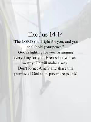 The image presents a simple, light-colored background with text overlay. The text includes the book, chapter and verse Exodus 14:14, with the quote "The LORD shall fight for you, and you shall hold your peace." It also includes a message of God fighting for you and a call to share this promise. The overall composition is centered with a general background.