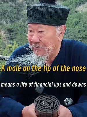 An older Asian man in traditional attire is the focus, set against a blurred green background. Text overlays describe the nose mole and its relationship to financial ups and downs.
