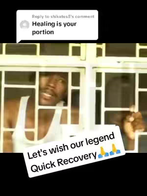 The cover image features a man looking through a window with bars, with the text overlay "Let's wish our legend Quick Recovery" overlaid on the bottom-right. A comment bubble with the text "Healing is your portion" on top-left corner of the screen.