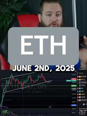 A man sits in front of a computer screen displaying a cryptocurrency chart. A semi-transparent gray box overlays the screen, featuring the text 'ETH' and 'JUNE 2ND, 2025'. The man is wearing a blue shirt.