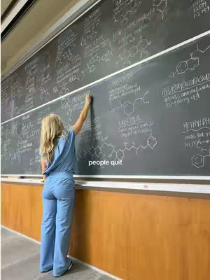 A person with long blonde hair, viewed from behind, is standing in front of a large chalkboard covered in equations and scientific formulas. They are writing on the board with their right arm raised. The person is wearing light blue clothing. The words 'people quit' are overlaid on the image in the lower center. The setting appears to be a classroom or study hall.