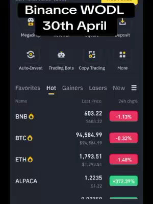A mobile phone screen displaying the Binance app interface. The top part of the screen features a black rectangular box with the text 'Binance WODL 30th April' in white. Below this, various app features are visible. The background is dark grey with white and red text highlighting crypto values like BNB, BTC, and ETH.