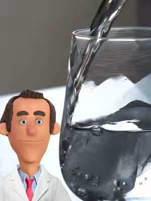A cartoon-style image with a claymation figure of a man doctor standing on the left, and right of the image is a glass of water being poured into. The doctor is facing forward with a slight smile, wearing a white lab coat over a white shirt with a red tie. The glass is transparent, and the water is clear and flowing into it from above. The background is a light gray. The image is well-lit, with a focus on the doctor and the water. The overall composition is simple, yet informative.