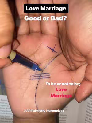A close-up shot of a hand with lines drawn on the palm, a pen next to it. Text overlays at the top and bottom frame the image with the question 'Love Marriage Good or Bad?' and a phrase 'To be or not to be; Love Marriage'.