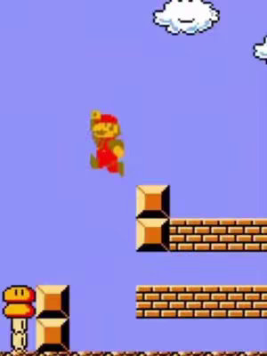 An 8-bit style image from the game Super Mario Bros. Mario jumps in the air, with clouds, brick blocks, and a mushroom in the scene, all against a blue background.