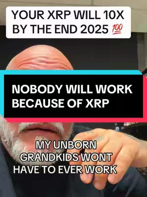The cover image features a close-up view of a man with a bald head and a white beard, holding up his hand. Text overlays are added across the image, including a sentence predicting the increase in value of XRP cryptocurrency and its impact on future generations.