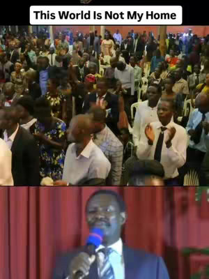 The image is split. The top part showcases a large crowd of people in an indoor setting, likely a church or auditorium, with many applauding. The bottom shows a man in a suit at a podium with a microphone, presumably the speaker.