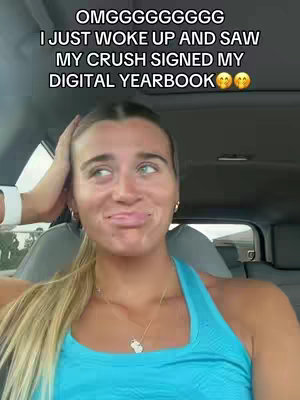 The cover image shows a young woman inside a car, presumably filming a selfie. Text overlays feature prominently at the top, and her expression is one of shock and excitement. She has blonde hair and wears a blue top. The car's interior is visible in the background.