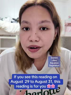 A woman with light brown hair looks directly at the camera. Text overlays on the image include the zodiac signs Gemini, Libra, Aquarius, and Sagittarius, as well as a message about a reading for the specified dates.