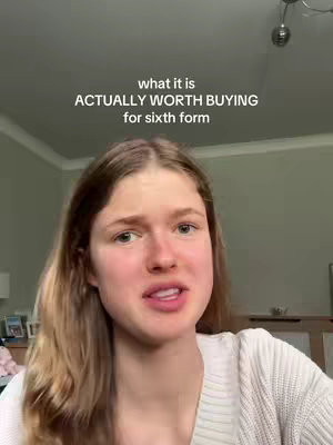 A young woman with long blonde hair is positioned in front of a neutral, indoor backdrop. She's wearing a white sweater. The hook text 'what it is ACTUALLY WORTH BUYING for sixth form' is overlaid at the top.