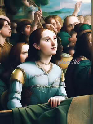 The cover image is a digital painting depicting a scene with a crowd of people, with the primary focus on a young woman in the center wearing a light blue dress with gold accents. Her hair is a dark brown, and she has a slight upward gaze. The background features a mix of colors and figures, suggesting an interior setting. The layout is visually rich, with a warm color palette and a classic art style. The image has a watermark 'plastika' in the bottom right corner.