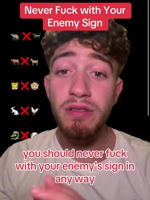 The cover image features a young man with light skin, short brown hair, and a beard facing the camera, set against a dark background. The image incorporates text overlays in a red bar at the top and in the bottom, offering key phrases. The upper text reads 'Never Fuck with Your Enemy Sign', while the lower text explains the key point of the content. The man, in a white t-shirt, appears to be in a slightly serious mood, directly addressing the viewer. Positioned around the man's face are Chinese zodiac animal emojis, some with red X marks, and others without, indicating compatibility or conflict. The layout has a direct, informative style that creates an impact.