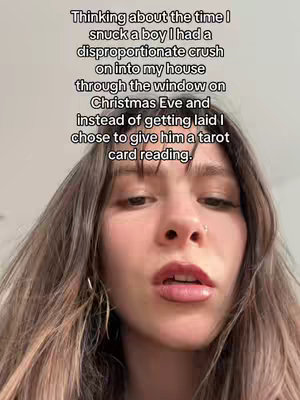 A selfie-style shot featuring a woman with fair skin and brown layered hair, gazing slightly off-camera. Text overlays the top portion of the frame, telling a story. The background is softly lit, suggesting an indoor setting.