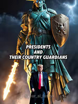 The image features a digitally created scene with Donald Trump in the foreground and a large, statue-like figure in the background. The statue, rendered in shades of teal and gold, has a classical, heroic look, holding a shield with an eagle emblem and a glowing sword. Trump, in a suit and red tie, stands in front of the statue. Text overlayed on the image reads 'PRESIDENTS AND THEIR COUNTRY GUARDIANS'. The background shows stormy clouds and lightning.