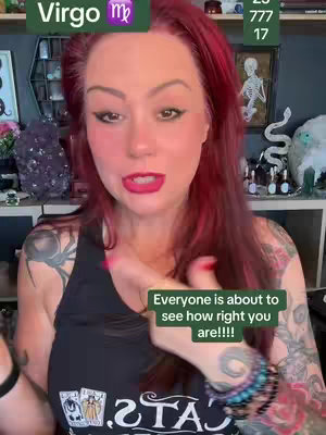 A woman with red hair and tattoos is centered in the image, talking directly to the camera. Text overlays include the word "Virgo" and a message about being "right." The background shows various items on shelves, setting a mystical or spiritual theme.