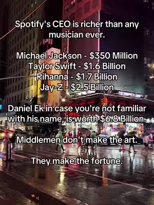 A night scene of a city street with rain. Text overlays list the wealth of musicians and Spotify's CEO. People with umbrellas are walking in the street.