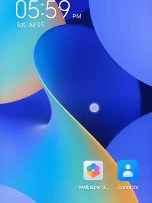 The image is a close-up of a phone screen showing the home screen. The background has bluish swirls, and a clock and date are displayed at the top. There are app icons on the bottom.