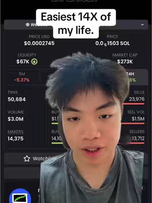 The cover image features a young Asian man in a selfie-style video. The background is a screen displaying financial data, including price information and market capitalization. An overlaid text bubble announces the video's hook. The image has a dark, tech-focused aesthetic.