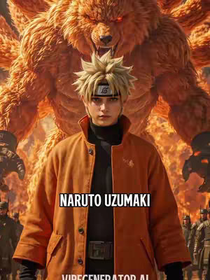 The image features a stylized depiction of Naruto Uzumaki from the anime series Naruto. He is the central figure, posed in a dynamic stance. Behind him looms a large, fiery-red nine-tailed fox, adding a dramatic background. The color palette is dominated by shades of orange, red, and black in a strong, powerful composition. The text overlay reads 'NARUTO UMINAKI' in a large, bold font at the bottom.