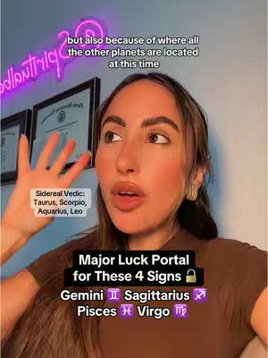 A woman with long brown hair and a brown top is speaking to the camera, with a bright neon sign and framed pictures in the background. Text overlays include astrology-related terms, zodiac signs, and a call to action.