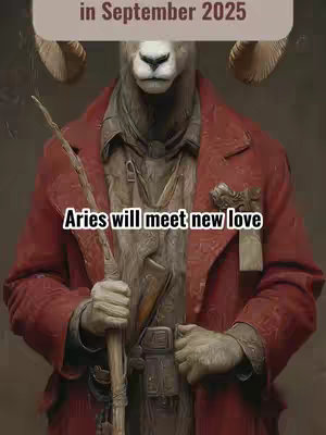 An image featuring a humanoid figure with a ram's head, wearing a red coat and holding a wooden staff. The background is shadowed with text "in September 2025" in a tan/brown box above the figure; white text "Aries will meet new love" appears in a rounded rectangle near the bottom.
