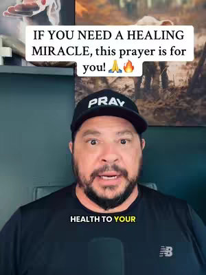 A man in a black shirt and cap is the focus, with text overlays about prayer for healing. The background shows a blurred outdoor scene, and the overall composition is centered on the man's face.