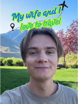 A young man smiles directly at the camera, set against a backdrop of a mountain landscape and a sunny lawn. Overlay text in a playful font arcs across the top of his head, complimented by whimsical design elements such as an airplane and geo-location pin. The color palette is bright and natural, with green grass, blue skies, and colorful accents.