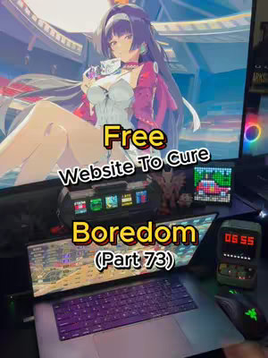 The cover image shows a desk setup with a laptop displaying a typing website. Anime-style wallpaper is on a large monitor. The overlay text in a yellow box says "Free Website To Cure Boredom (Part 73)".