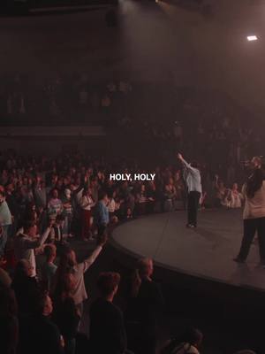The image captures a worship event in a large auditorium. The foreground shows the backs of some audience members with their hands raised. In the midground, a stage is visible with a figure dressed in a light-colored shirt and black pants, raising one arm. A large crowd of people is visible, with their hands raised in the background. The lighting is dim, with spotlights highlighting the stage and the person on it. The text "HOLY, HOLY" is superimposed on the image. The overall feel is reverent and communal.