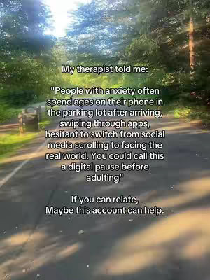 An image of a road or pathway in a park-like setting, with trees on either side creating a natural frame. Text overlays the image, presenting a quote about anxiety and phone usage.