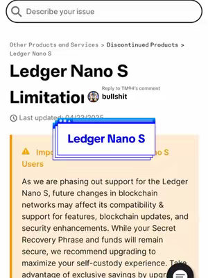The image shows a partially visible webpage discussing Ledger Nano S, with a pop-up highlighting 'Ledger Nano S'. The scene is a screen capture viewed straight, with a predominantly white and yellow color scheme.