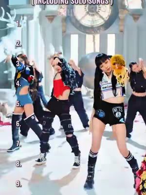 The image showcases a group of five women, likely a K-pop group, striking dynamic poses in a bright, artificial setting. Each woman is dressed in unique, trendy outfits, with cropped tops, shorts or skirts, and boots. The background features large, ornate structures, possibly pillars or architectural elements, and a large circular design, suggesting a stage or performance space. Numbered labels are superimposed, presumably for a ranking.
