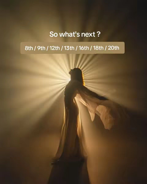 A woman in a flowing dress is silhouetted against a bright light, with the sun rays extending outwards. Text overlays provide a question and list of numbers.