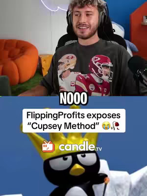 The image is split into two sections. The top section shows a smiling man in front of a webcam. He is wearing a grey t-shirt with what appears to be football players. The bottom section features an animated cartoon penguin wearing a crown, with text overlaying some type of show graphic.