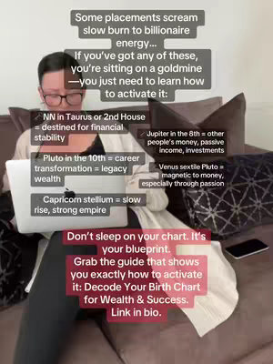 A woman in glasses and a blazer sits on a sofa with a laptop, surrounded by text overlays detailing astrological birth chart elements for wealth and success. The layout is well-lit and text-focused, with a soft background of the room setting.