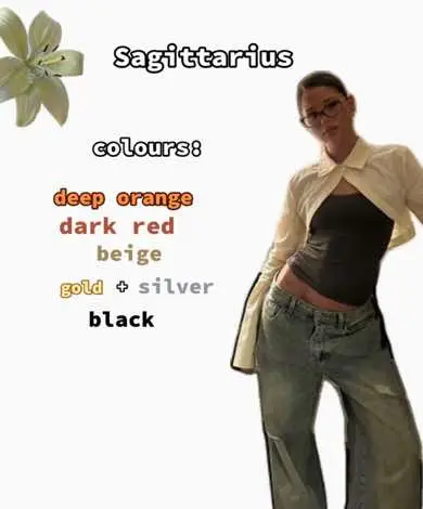 The cover image features a woman in an outfit with text overlays. The text indicates the zodiac sign 'Sagittarius', color palette related to the sign. The woman wears glasses, a black tank top, crop top, and jeans. A lily flower rests at the top left corner.