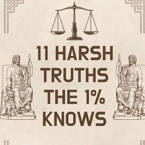 An image featuring a light beige background with the text '11 HARSH TRUTHS THE 1% KNOWS' in a large brown font. Above the text is a scale, and on either side are statues of seated figures with a statue holding a rod. Intricate border designs are in the corners of the image.