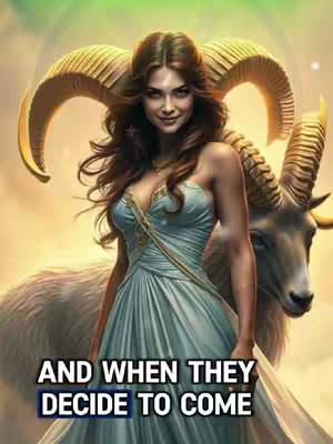 The cover image is a digitally created illustration featuring a woman as the central figure. She is depicted with long, flowing brown hair and is wearing a light blue, strapless gown. Her pose is elegant, and she has a slight smile. Behind her and to her right is a goat whose large horns frame her. The background is an artistic blend of yellow and green hues, suggestive of sunlight or a celestial setting. In the foreground, at the bottom, is a text overlay with white text and a blue background.
