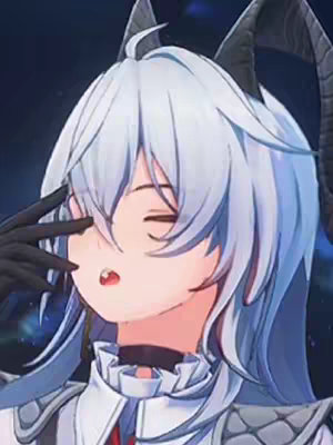 A close-up of a character with white hair, black horns, and a hand covering part of their face. The character wears a white and silver outfit. The background is a blurred, dark blue with hints of other colors.