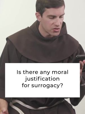 A man in a brown robe is holding a phone and looking at it, with a white rectangle overlaid on the bottom of the image containing the text: "Is there any moral justification for surrogacy?"