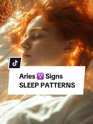 The image features a fair-skinned individual with red hair lying in a bed, eyes closed, and a serene expression. The head is surrounded by a soft, glowing aura. Overlaying the image is a white banner with the TikTok logo and text: Aries ♈ Signs Sleep Patterns.