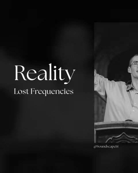 A black and white image with a vertical split. On the left side, the words "Reality" in a large white font, stacked above "Lost Frequencies" in a slightly smaller font. On the right, a man is captured speaking in a dark setting.