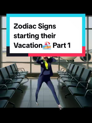 A person in a uniform dancing in front of a window at the airport with text overlay on the screen.