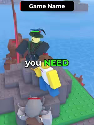 The image features a Roblox game scene with three Roblox characters on a rocky platform surrounded by water. One character is wearing a wide-brimmed hat and military style outfit. Another is a classic Roblox character with a yellow head, white shirt, and blue pants. The hook text is in white letters with a green outline.